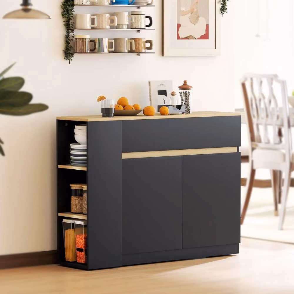 STILVORA Modern Kitchen Island in Black with 2 Doors, 1 Drawer and 3 Open Shelves, H: 110 cm, W: 82 cm, D: 29.5 cm – 2