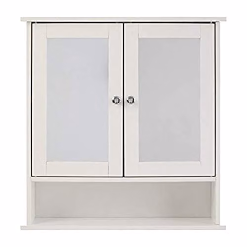 Premier Housewares White Wall Mounted Bathroom Mirror Cabinet with Hinged Mirrored Doors and Internal Shelves, W/D/H: 58 x 13 x 56 cm