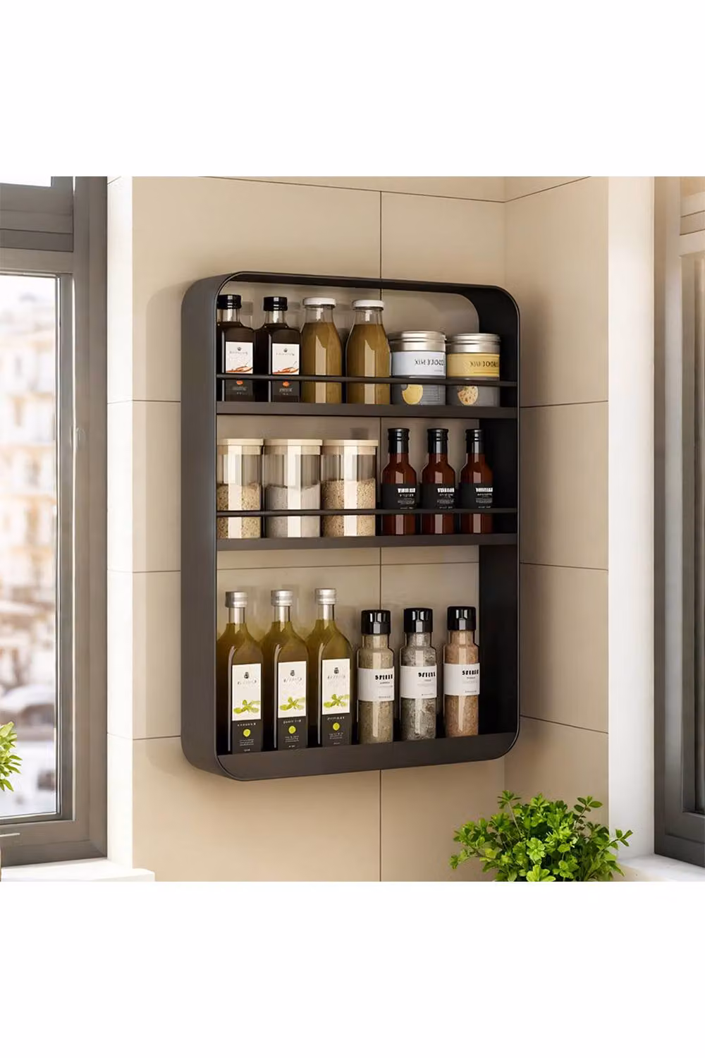 Living and Home 3-tier Wall-Mounted Metal Spice Rack and Kitchen Organiser in Matt Black – 2