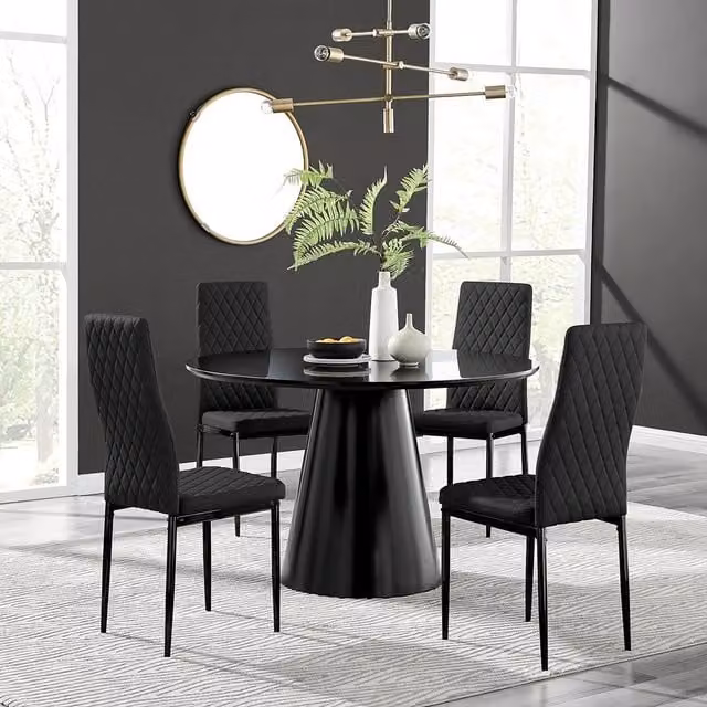 FurnitureboxUK Palma Black Semi Gloss Round Dining Table and 4 Black Milan Leg Chairs
