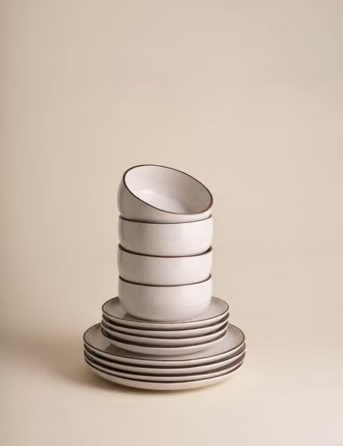 M&S Michigan Rim 12 Piece Stoneware Dinner Set in Beige and White