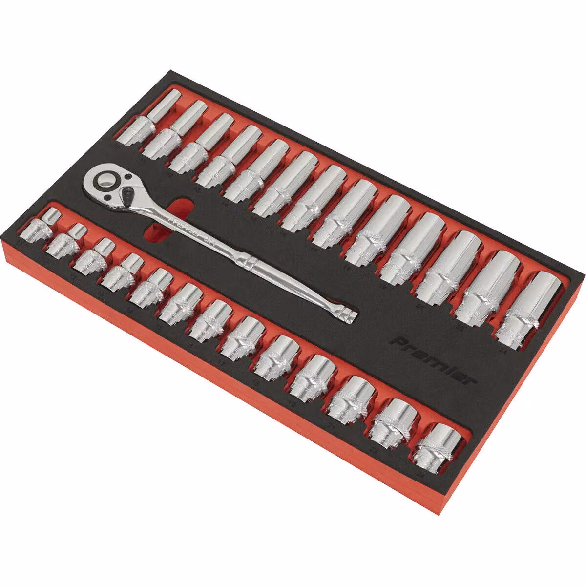 Loops 27 Piece Deep Socket Set with 1/2 Inch Metric Square Drive 6 Point Sockets and Ratchet Handle in Silver and Multicolour Chrome Vanadium – 3