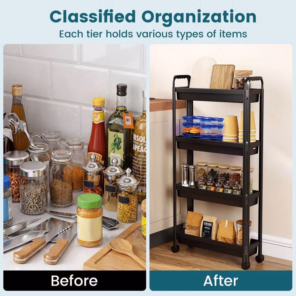 Costway 4-Tier Rolling Storage Cart Black Narrow Bathroom and Kitchen Organiser Unit – 4
