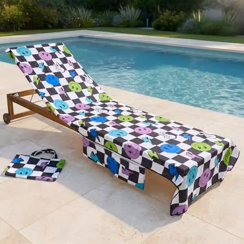 OHS Checkerboard Microfibre Beach Towel with Pocket and Bag, Quick-Dry Absorbent Sun Lounger Towel for Adults, W: 75 cm, L: 215 cm, Monochrome Smiley Checkerboard