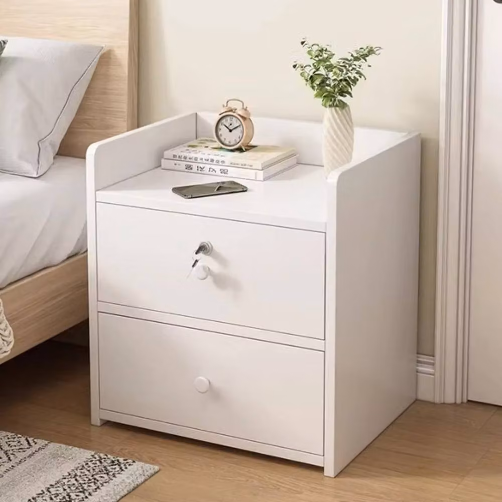 Ventryn Modern White Wooden Bedside Cabinet with 3 Drawers and Silver Accents – 2