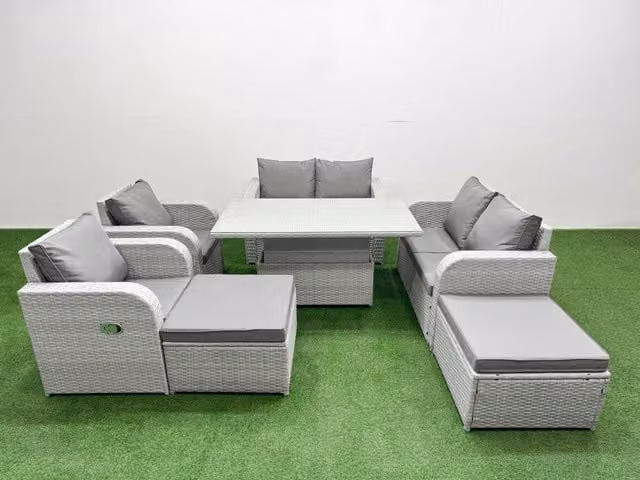 Fimous 8 Seater Rattan Garden Furniture Set in Grey with Reclining Chairs, U-Shape Sofa, Adjustable Coffee Table and Ottomans