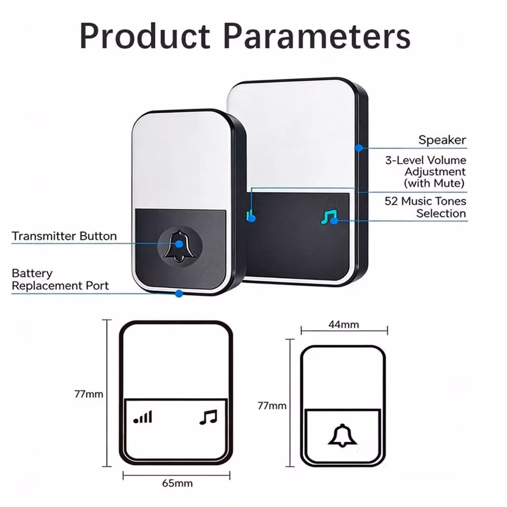 VOGREX Waterproof Wireless Doorbell with 2 Receivers in Black – 2