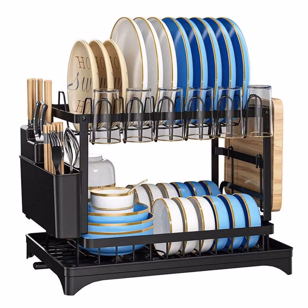 FLAVORA 2 Tier Black Dish Drying Rack with Drip Tray and Cutlery Holder – 4
