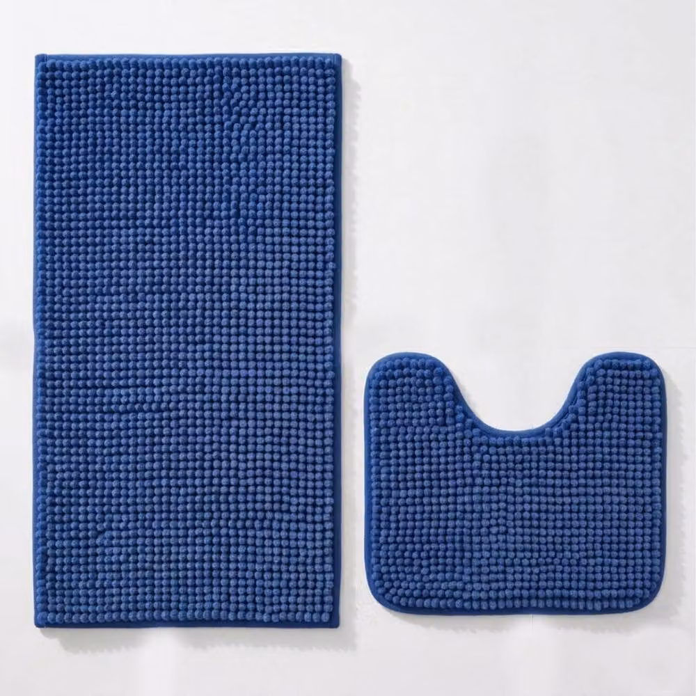 Snug City 2-Piece Blue Chenille Loop Design Bath Mat and WC Pedestal Mat Set, W: 50 cm x L: 80 cm – 2