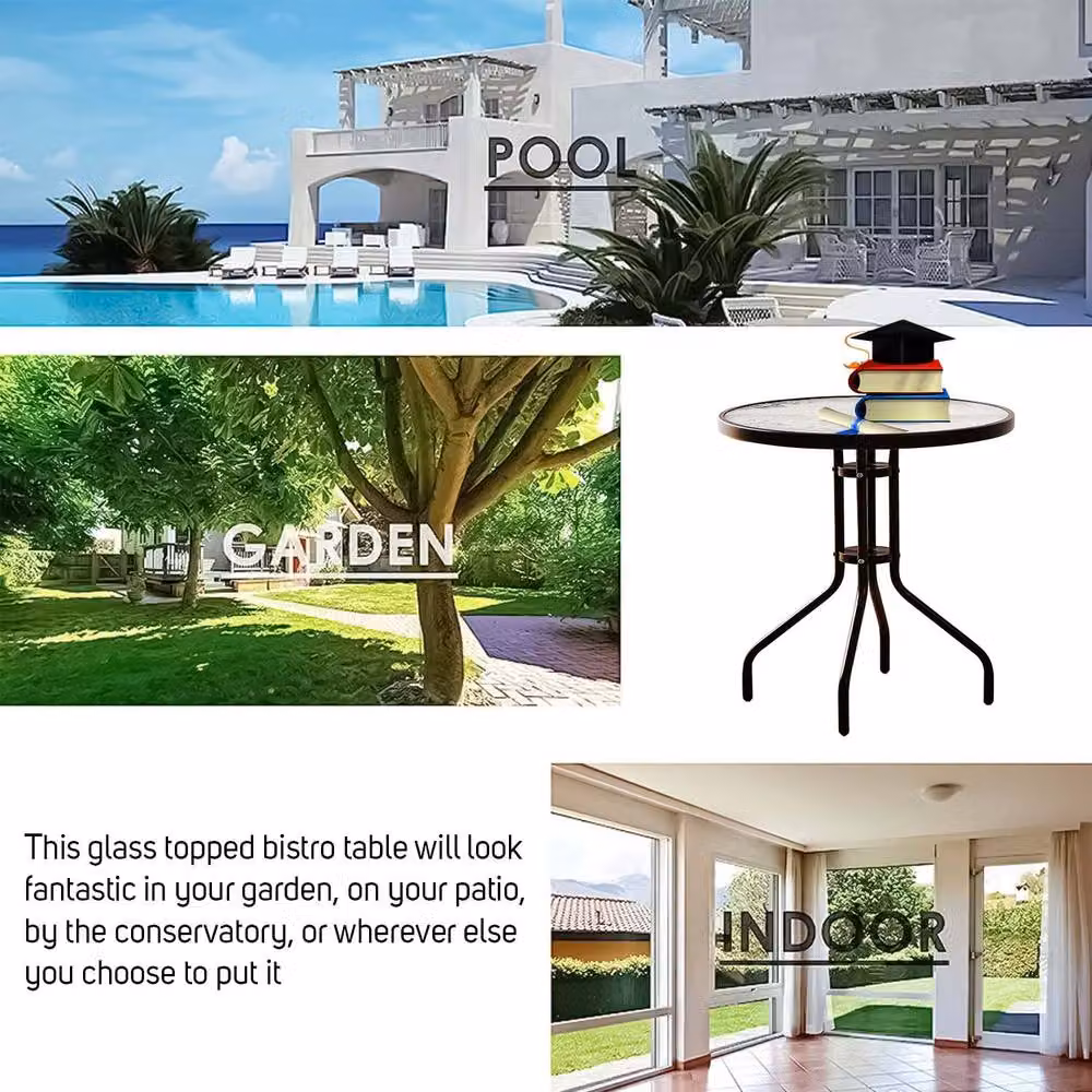 Crystals Garden Bistro Table with Black Metal Frame and Round Tempered Glass Top, Diameter: 70 cm – 4