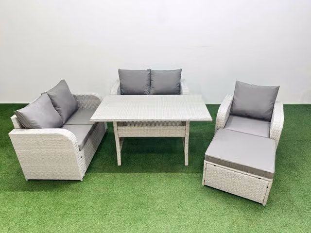 Fimous Grey Poly Rattan Garden Furniture Set with Reclining Chair, Loveseat Sofa, Rectangular Dining Table and Large Stool