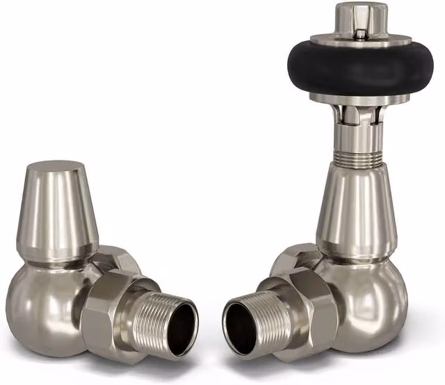 UK Radiators Signature Wooden Head Thermostatic Radiator Valve and Lockshield Angled Set in Silver Nickel