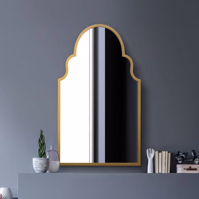 MirrorOutlet Arcus Crown Overmantle Metal Framed Arched Wall Mirror in Gold
