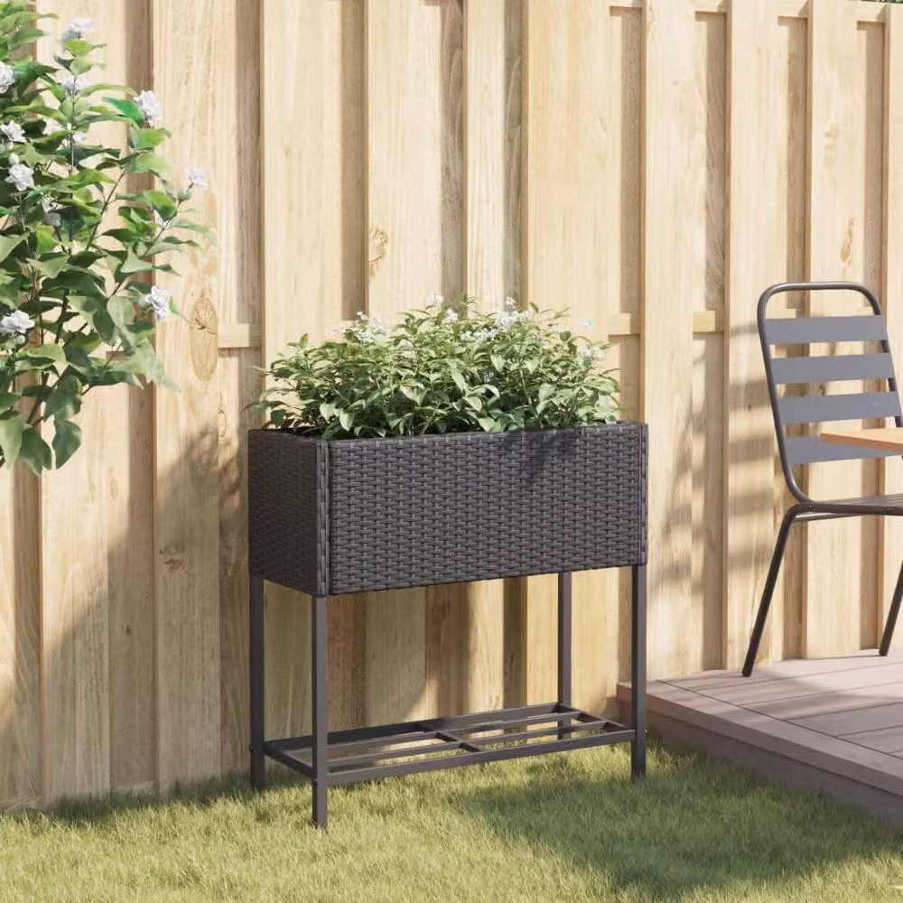 Berkfield Home Garden Planter with Shelf in Black Poly Rattan – 3