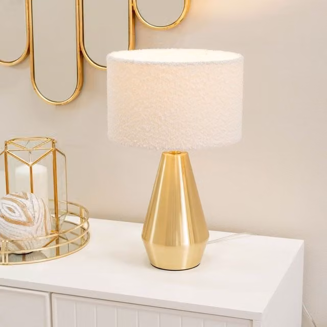 ValueLights Jax Brass Metal Dimmable Touch Table Lamp with Beige Boucle Fabric Shade and LED Bulb