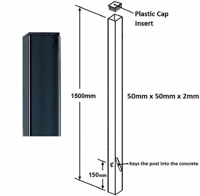 Burbage Iron Craft Square Flat Top Concrete-In Blank Post for Low Gates, Black, H x W x D: 150 x 5 x 5 cm