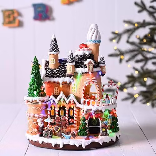 Widdop and Co Multicolour LED Gingerbread House with Rotating Characters, Battery Operated, Height: 30 cm