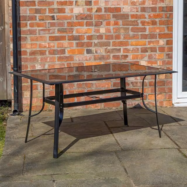 Samuel Alexander 6 Person Rectangular Black Garden Patio Table with Glass Top and Parasol Hole – 1