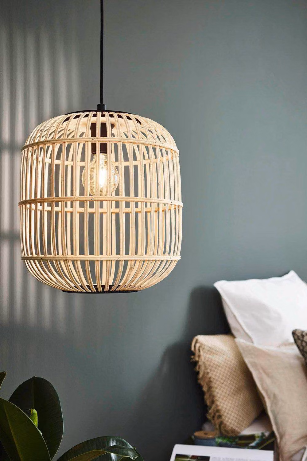 Eglo Bordesley Black Steel and Bamboo Pendant Light – 2