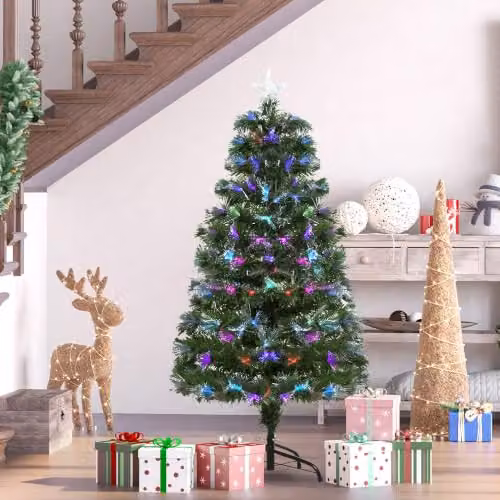 HOMCOM 4ft Green Artificial Christmas Tree with Multicolour LED Fibre Optic Lights and Metal Stand – 2