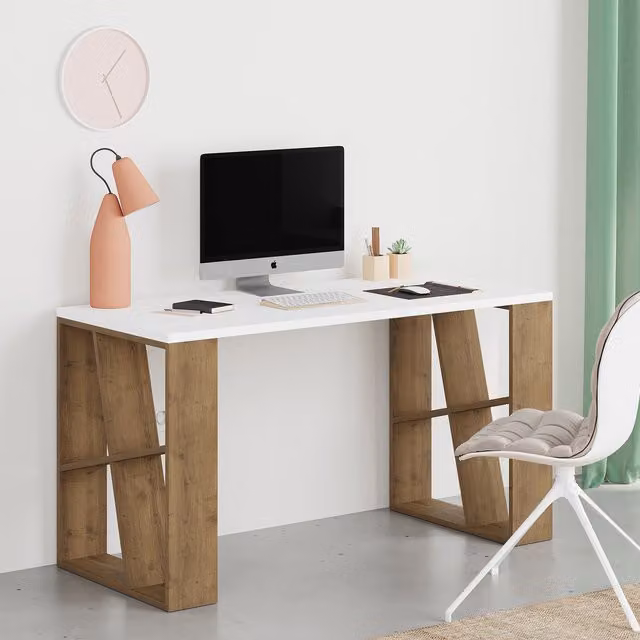 Decortie Modern Writing Desk with Bookshelf Legs in Brown and White Oak Effect