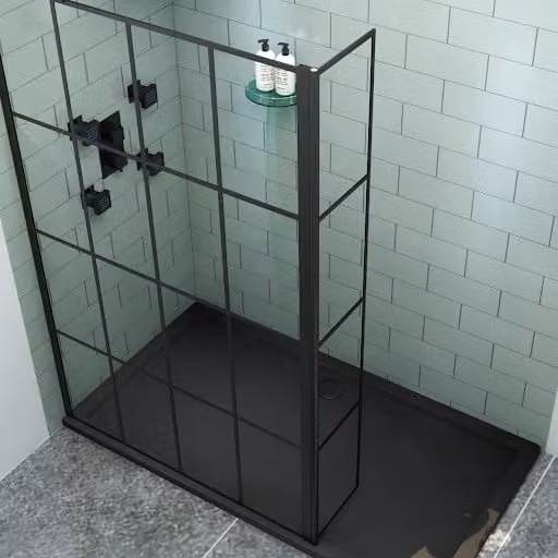 Royal Bathrooms Milan Matt Black Grid 300mm Wet Room Flipper Panel with 8mm Easy Clean Clear Glass