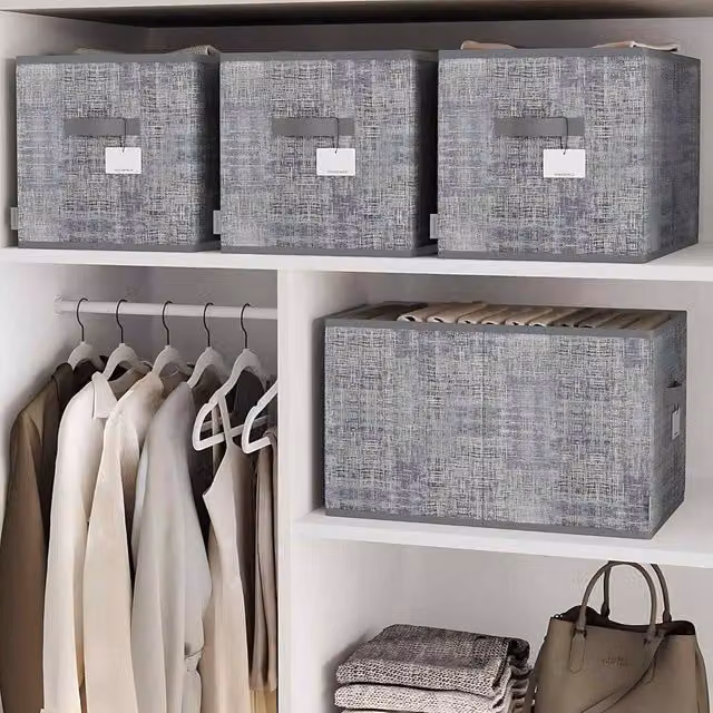 The Bazaarist Set of 3 Large Foldable Fabric Storage Baskets with Handles and Label Holders, Grey – 1