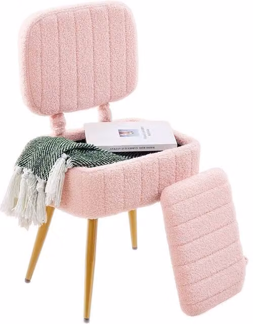 Living and Home Teddy Fleece Vanity Chair with Storage and Folding Backrest in Pink