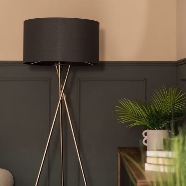ValueLights Camden Polished Chrome Tripod Floor Lamp with Grey Fabric Drum Shade and Bulb, H 148 x W 62 cm