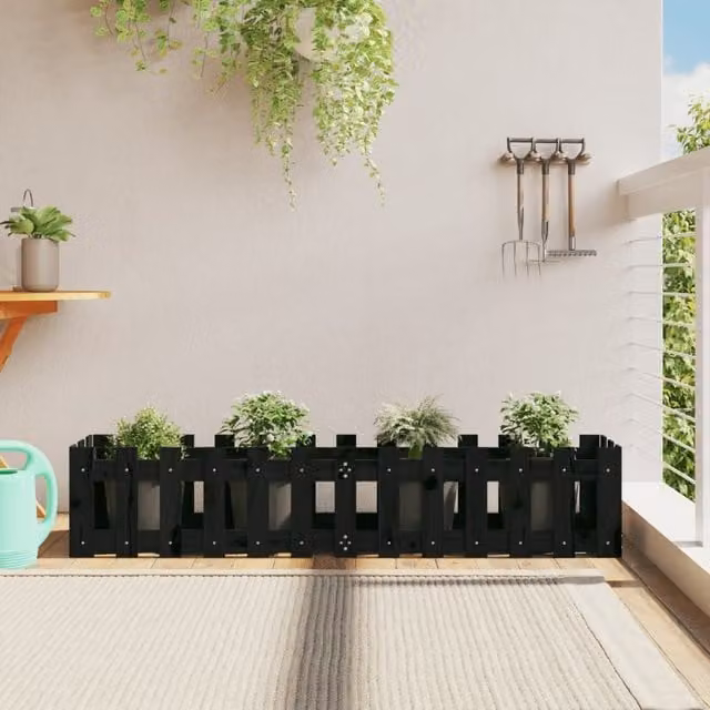 Berkfield Home Garden Raised Bed with Fence Design in Black, Solid Wood and Plastic, W: 150 cm, D: 30 cm, H: 30 cm