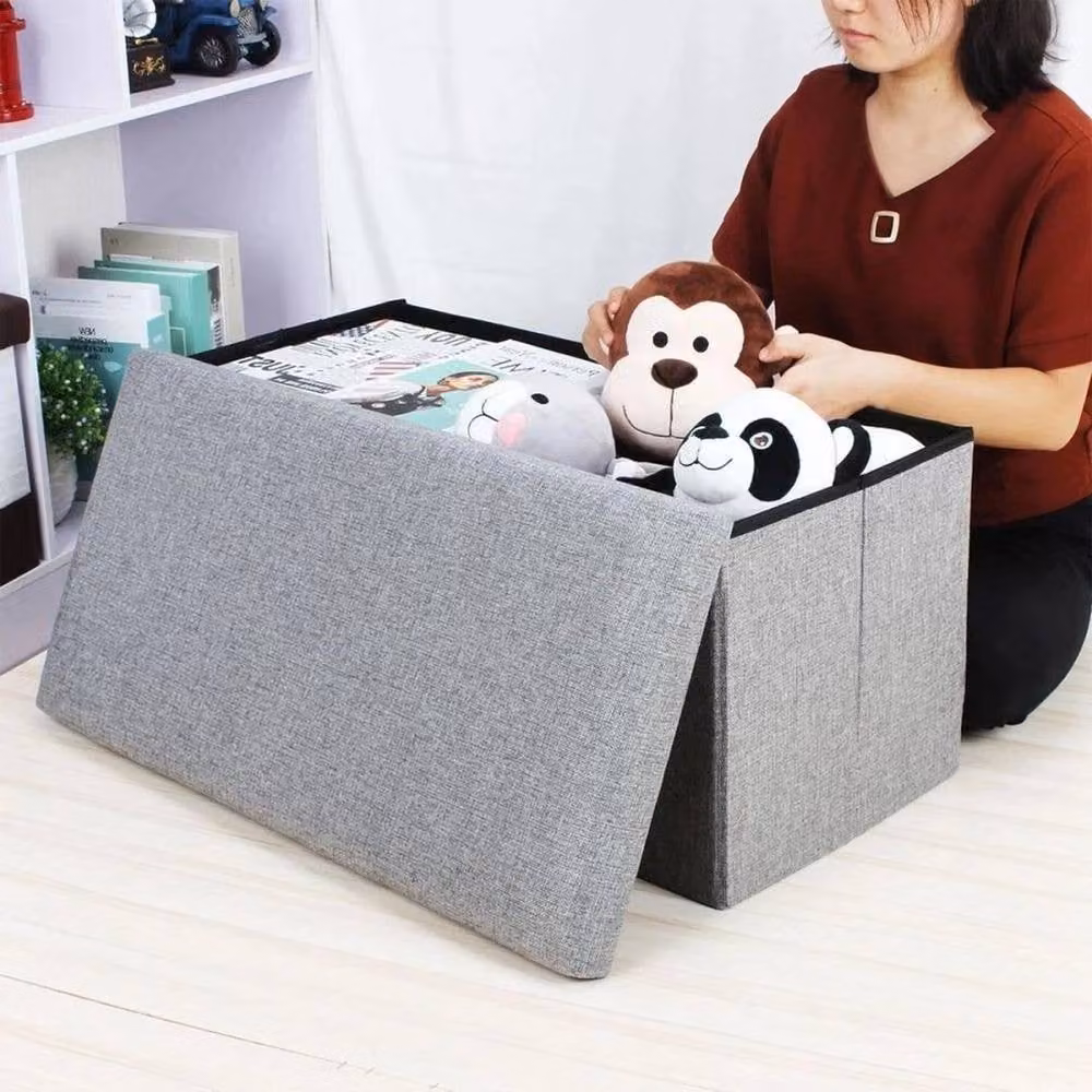 KORVIXA Grey Fabric Folding Storage Box Ottoman Seat Stool, W/D/H: 100 x 100 x 100 cm – 4