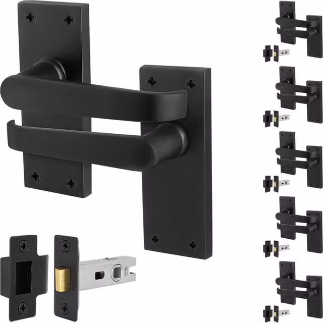 AFIT Matt Black Long Backplate Door Handle Set with Latch, 6 Pairs, W/D/H: 15.0 x 15.0 cm