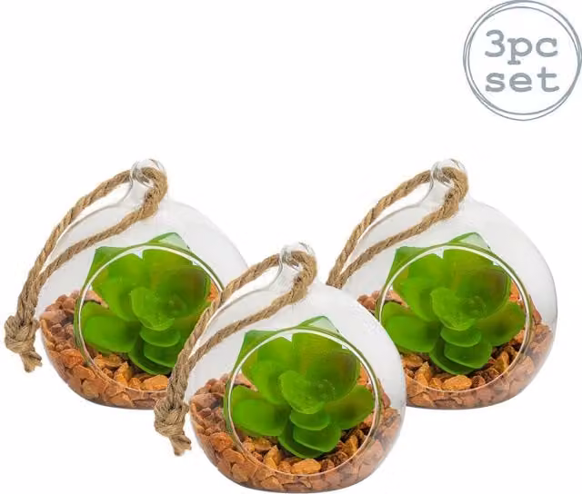 Nicola Spring Pack of 3 Hanging Round Glass Terrariums in Transparent and Yellow