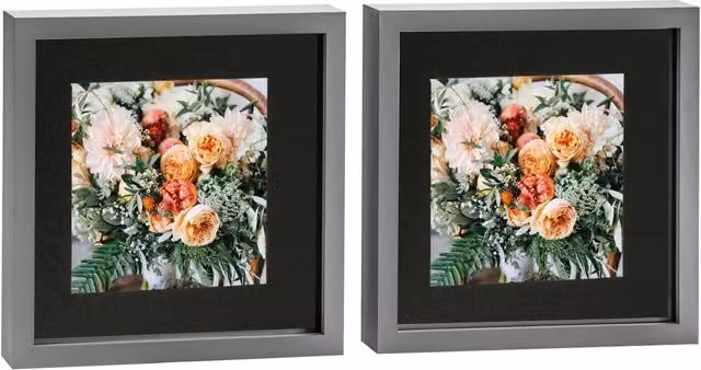 Nicola Spring Pack of 2 Modern Square 3D Box Photo Frames in Grey and Black, W/D/H: 25.4 x 25.4 x 25.4 cm with 6x6 inch Mount
