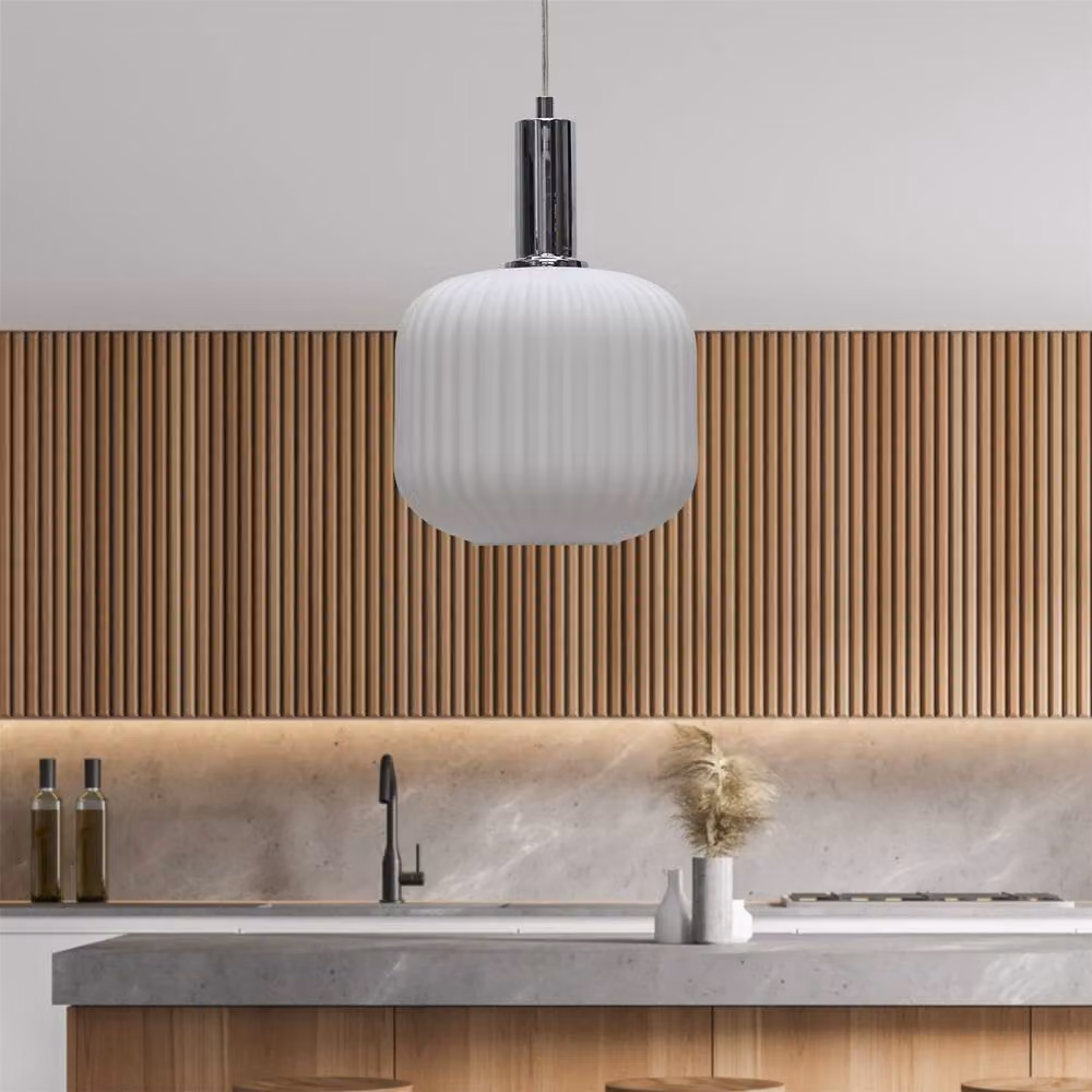 First Choice Lighting Bento Set of 2 White Ribbed Glass and Chrome Deco Pendant Lights – 2