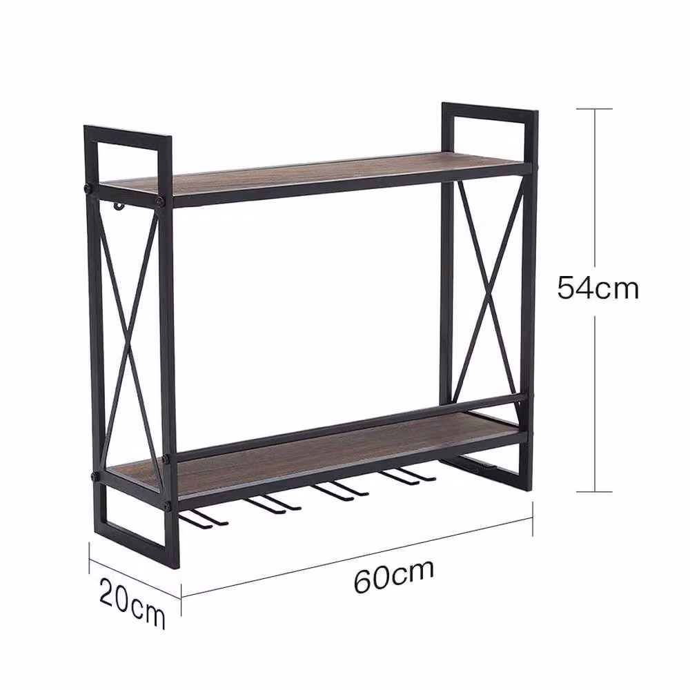 EONLION 2 Tier Industrial Wall Mounted Wooden Wine Storage Floating Shelf in Brown and Black, Width: 50 cm – 2