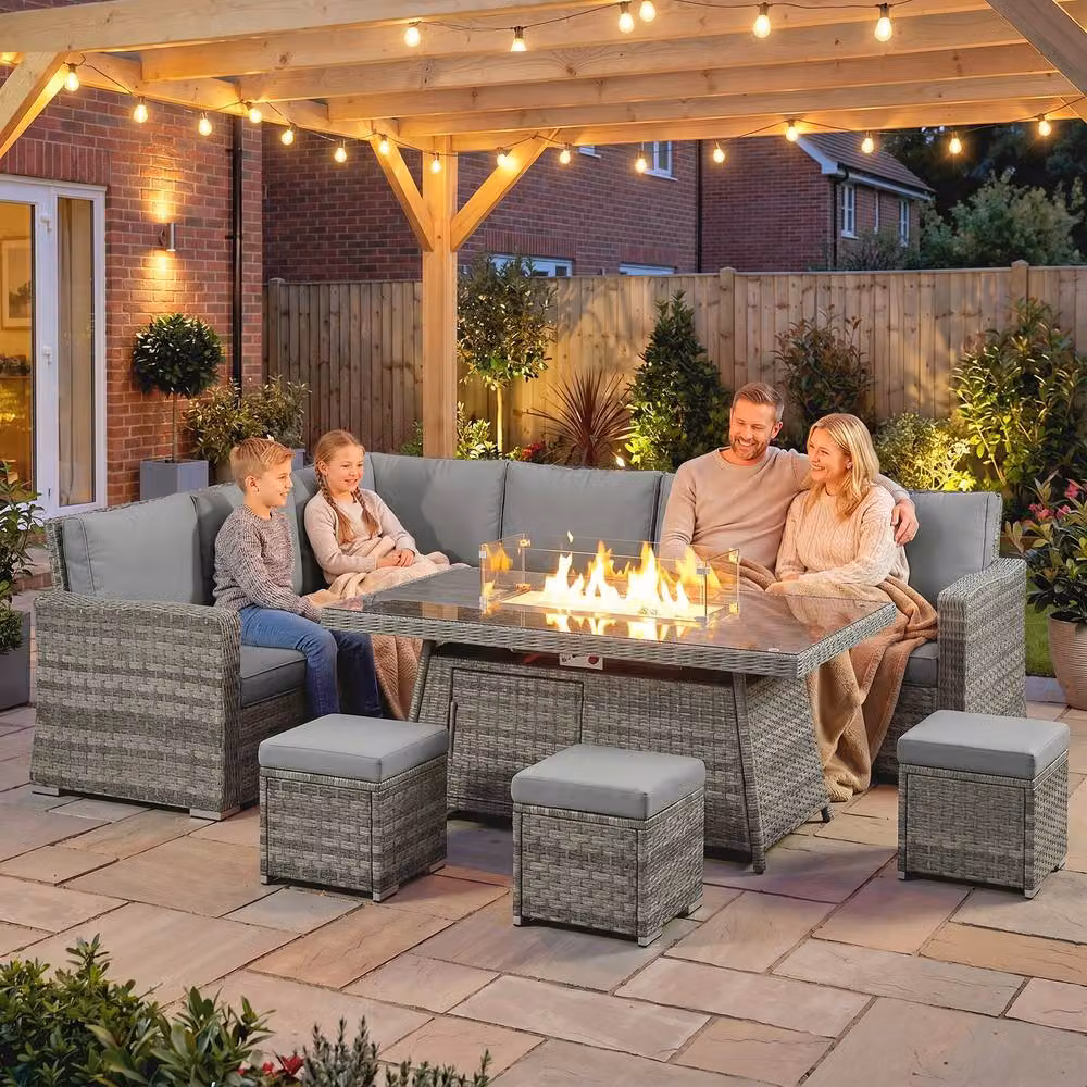 ERGOVEXA Seven-Piece Grey Rattan Firepit Table Sofa Set with Upholstered Cushions and Metal Frame – 4