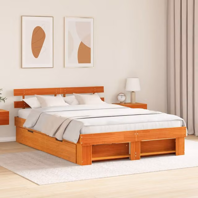 Berkfield Home Solid Wood Bed with Storage Headboard and Drawer in Wax Brown, W/D/H: 160 x 200 cm – 1