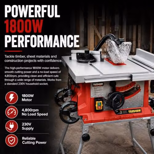 Lumberjack 254mm Portable Folding Table Saw, 1800W, Red – 3