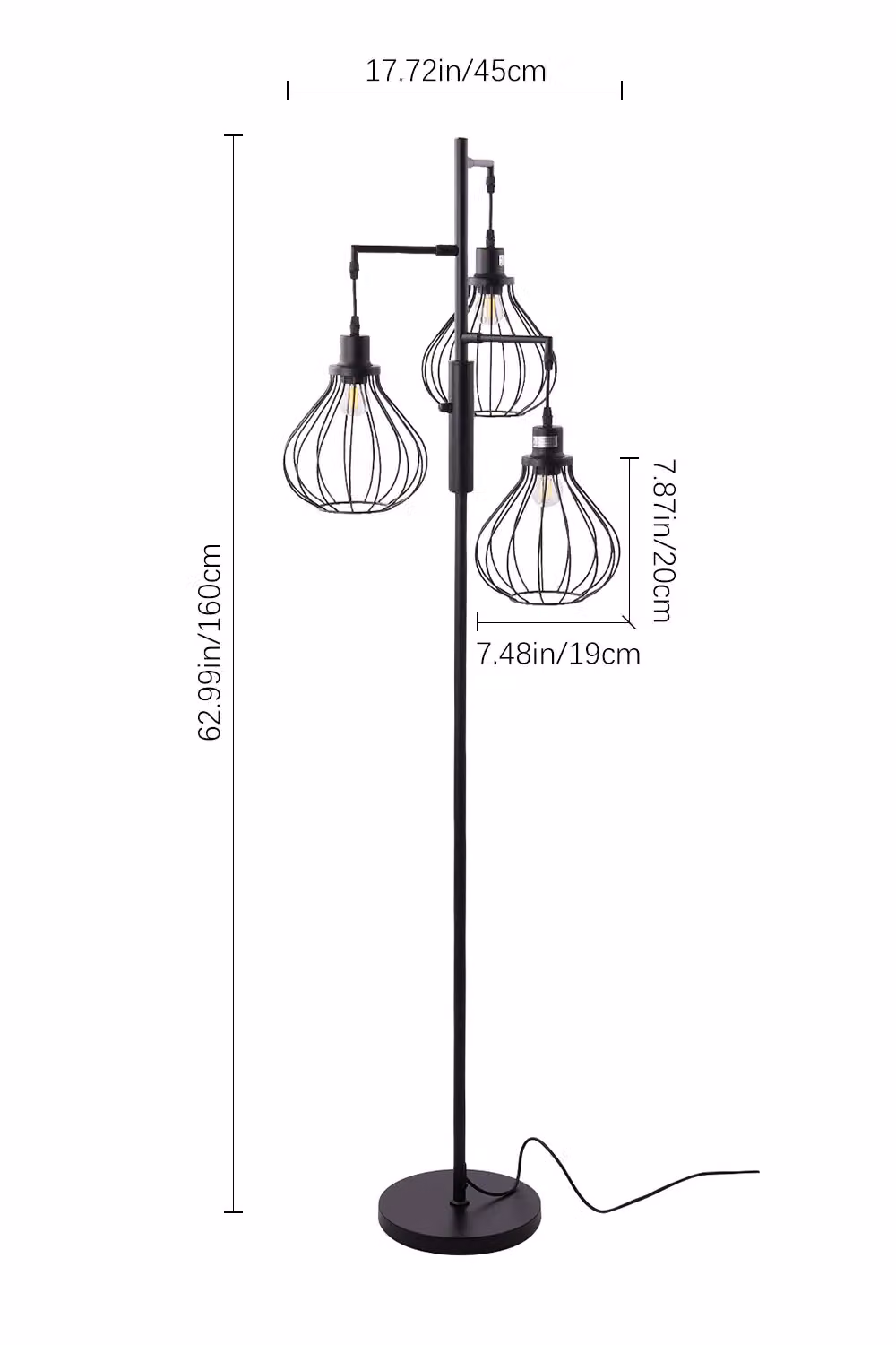 Living and Home Modern Industrial Black 3-Head Metal Floor Lamp with Lantern Style Shades – 3