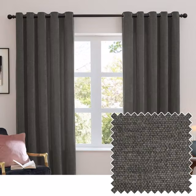 Furn Soft Chenille Blackout Eyelet Curtains in Charcoal Grey, Width: 117 cm, Drop: 183 cm – 1