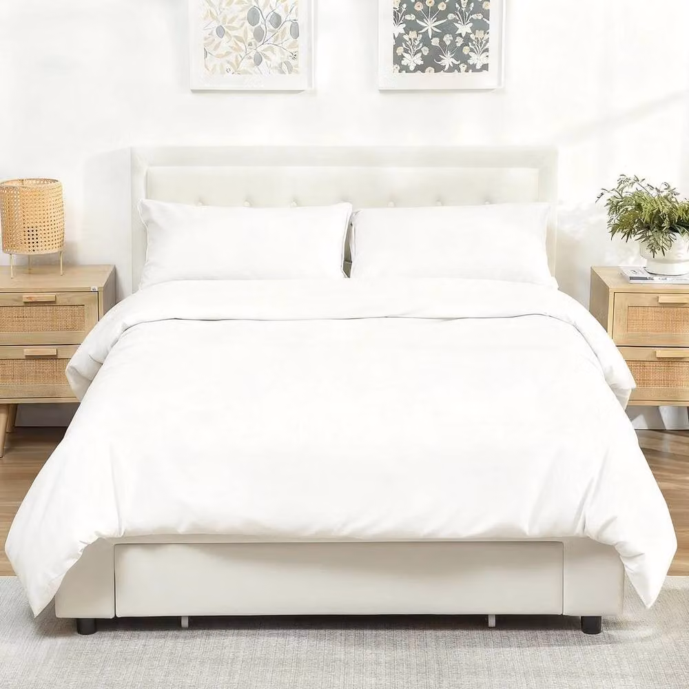 FORGEVIO Upholstered Double Bed Frame with Lift Up Storage and Adjustable Headboard in Beige – 3