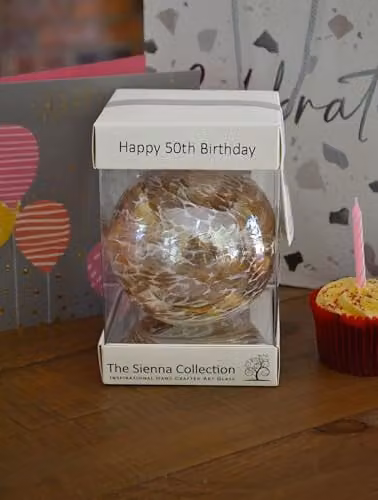 Sienna Glass Gold and White 50th Birthday Hanging Glass Bauble Ornament, Diameter: 10 cm – 2