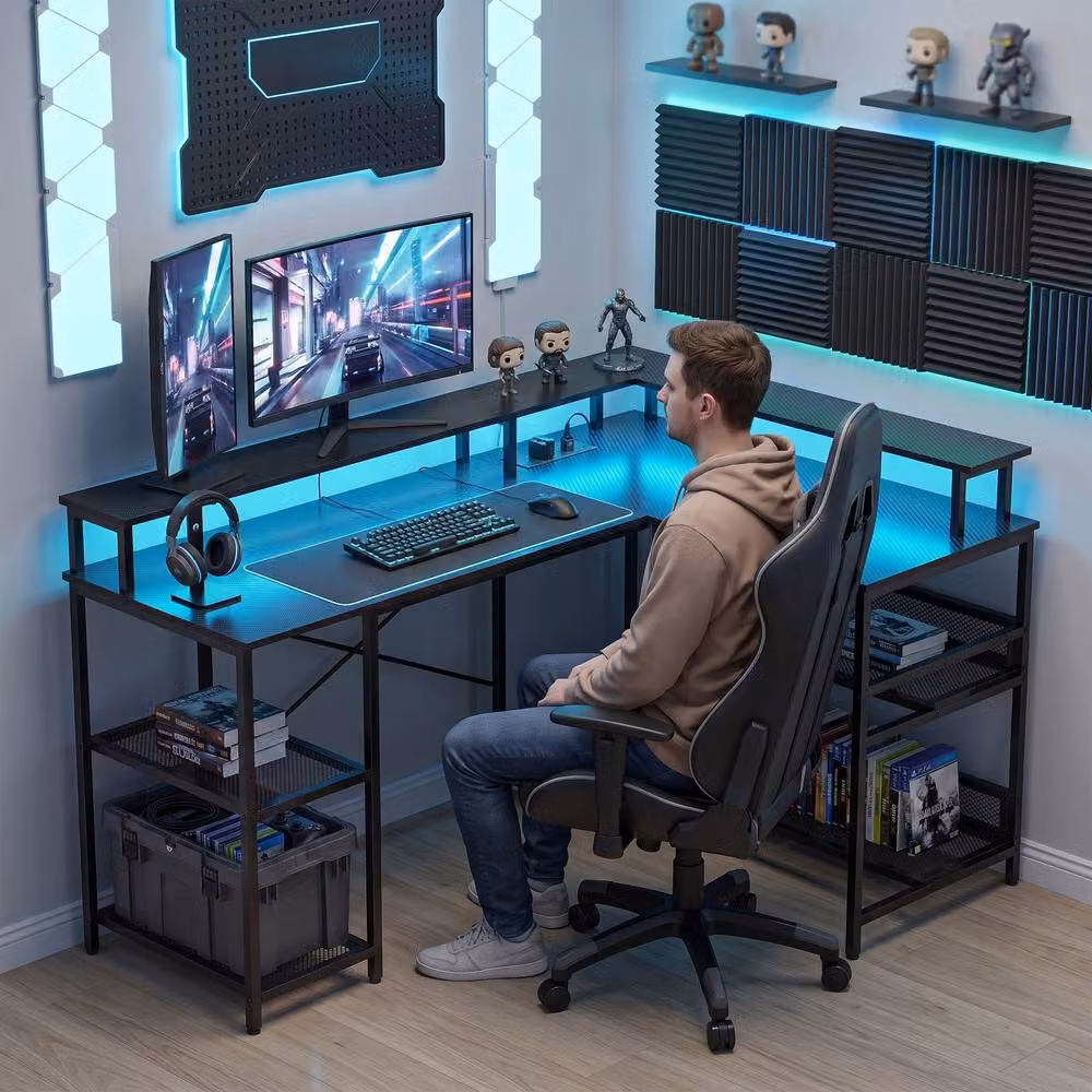 Rolipo L-Shaped Gaming Desk with LED Lights and Power Outlets, Black – 7
