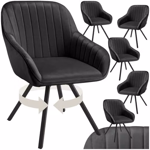 tectake Set of 6 Black Velvet Swivel Dining Chairs with Armrests – 1