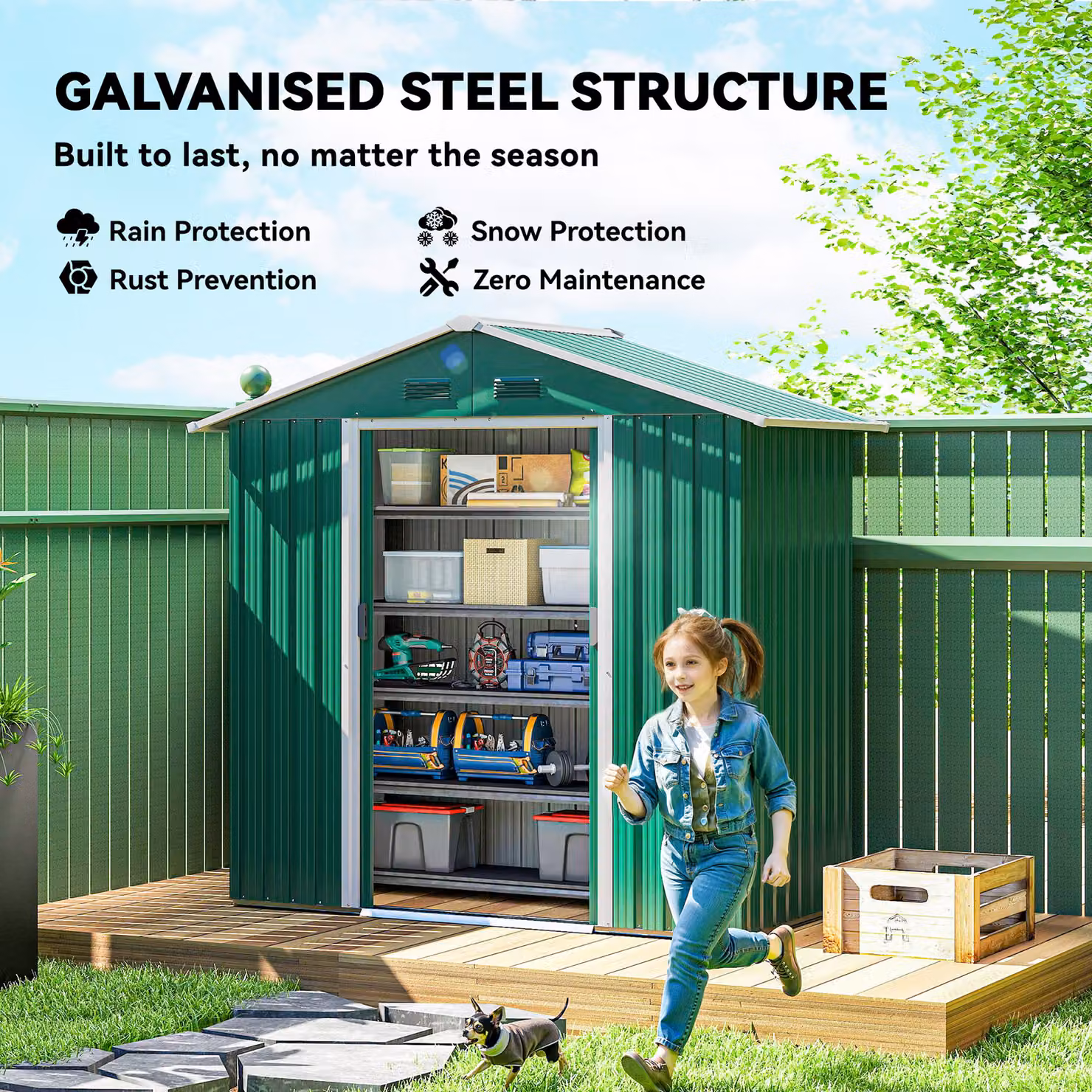 Outsunny Green Galvanised Steel Metal Garden Storage Shed with Double Sliding Doors and Side Vents, W: 200 cm, D: 106.68 cm, H: 180 cm – 4