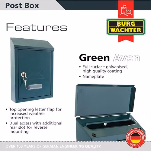Burg-Wächter Avon Rear Entry Wall Mounted Galvanised Steel Lockable Weatherproof Post Box, Green, W: 21 cm, D: 30 cm, H: 7 cm – 2