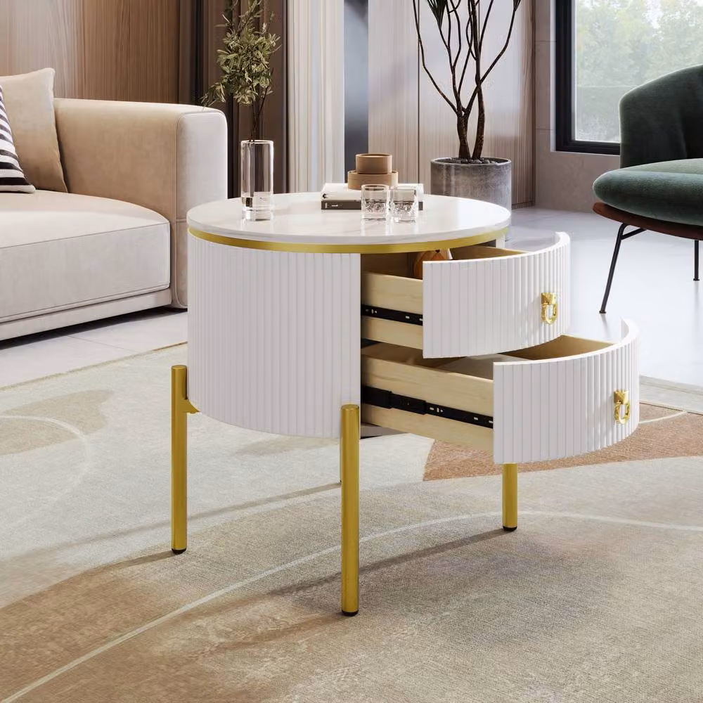 Merax Round Marble-Effect Sofa Side Table with 2 Drawers in White and Gold – 4