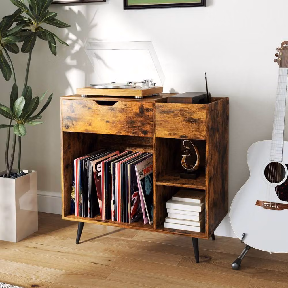 Costway Wooden Record Player Stand and Turntable End Table with Built-In Power Strip in Brown – 2