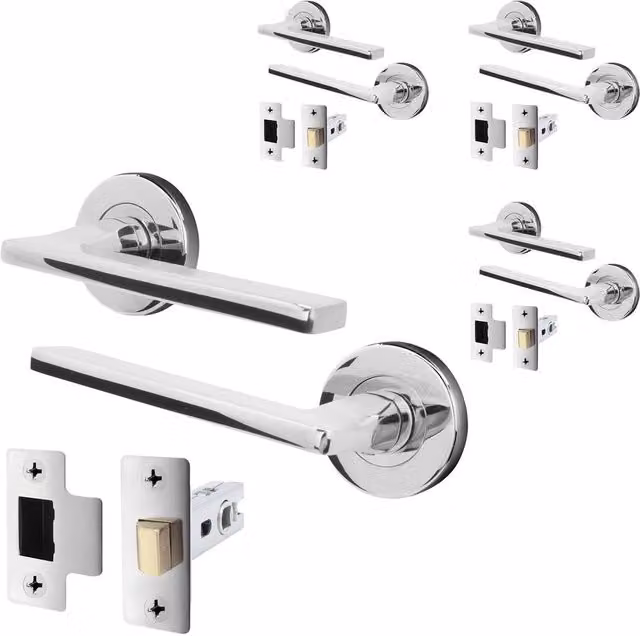 AFIT Polished Chrome Door Handle and Latch Set, 4 Pack, Silver, W/D/H: 15 x 15 x 1.5 cm – 1